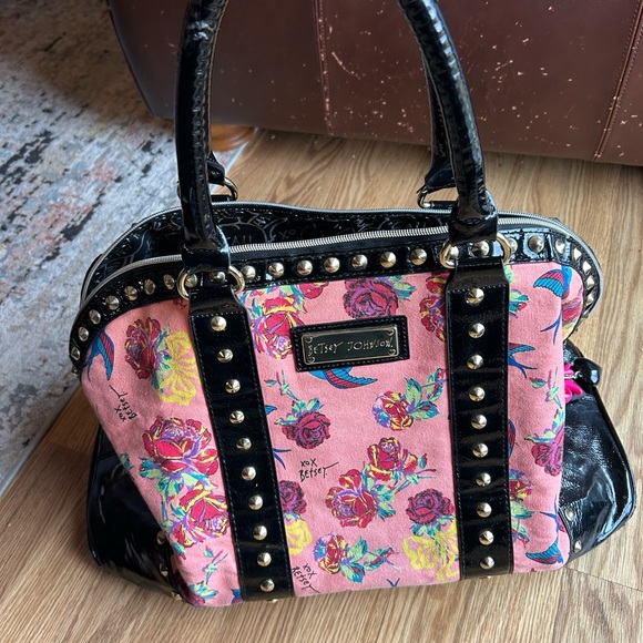 Betsey Johnson Black and Pink Floral Satchel - Picture 2 of 7
